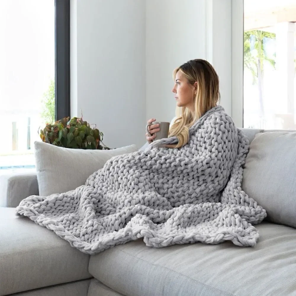 Light Gray Chunky Knitted Woven Throw Blanket Farmhouse Country Cozy Christmas